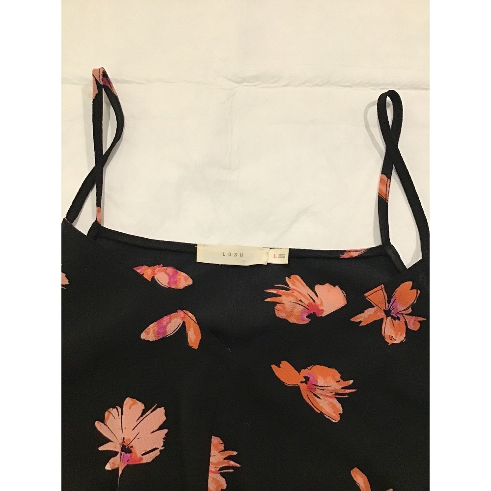 Lush Floral Cami Top Black Pink Orange Front Knot Spaghetti Strap Womens Large - Picture 2 of 3